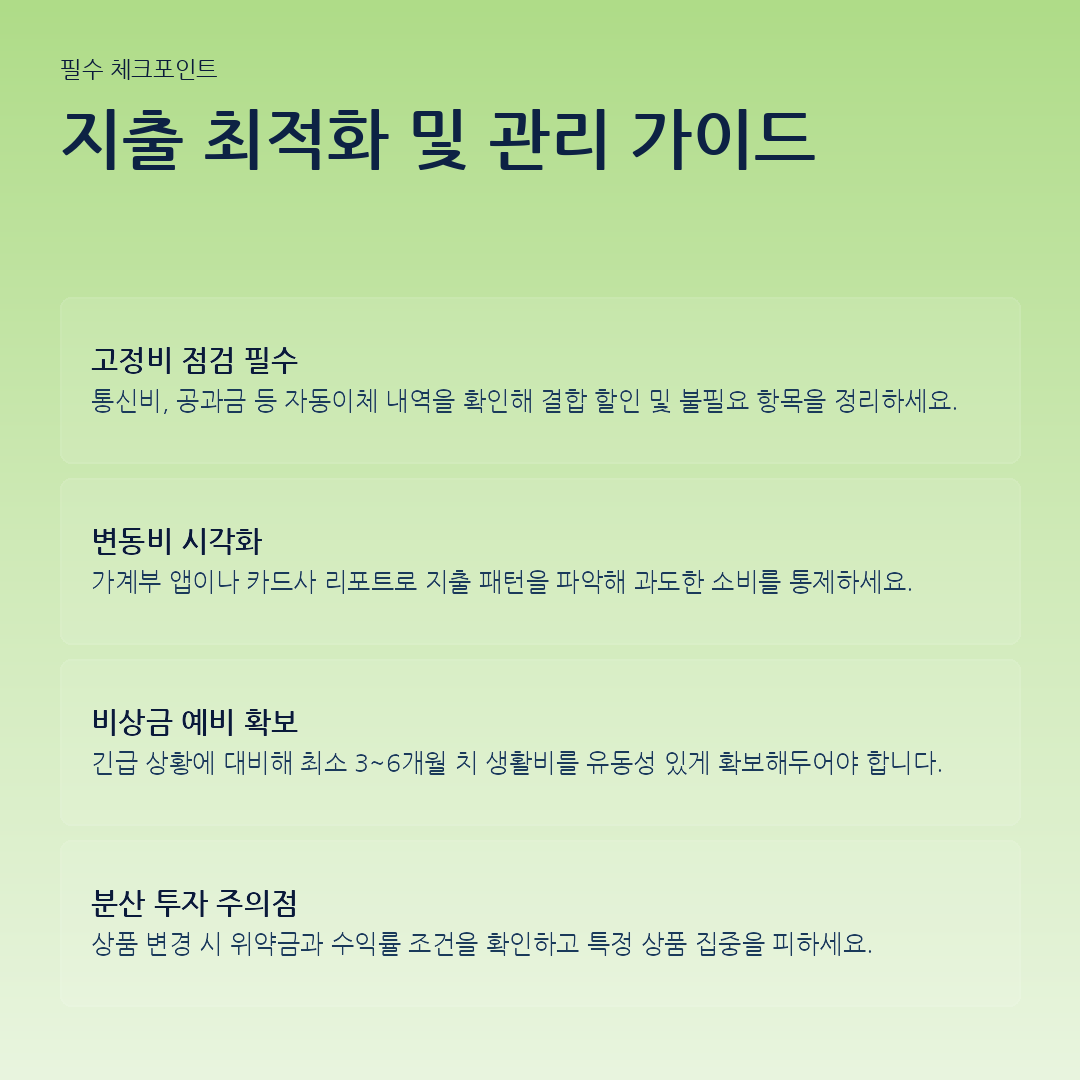 지출 최적화 및 관리 가이드 요약 카드