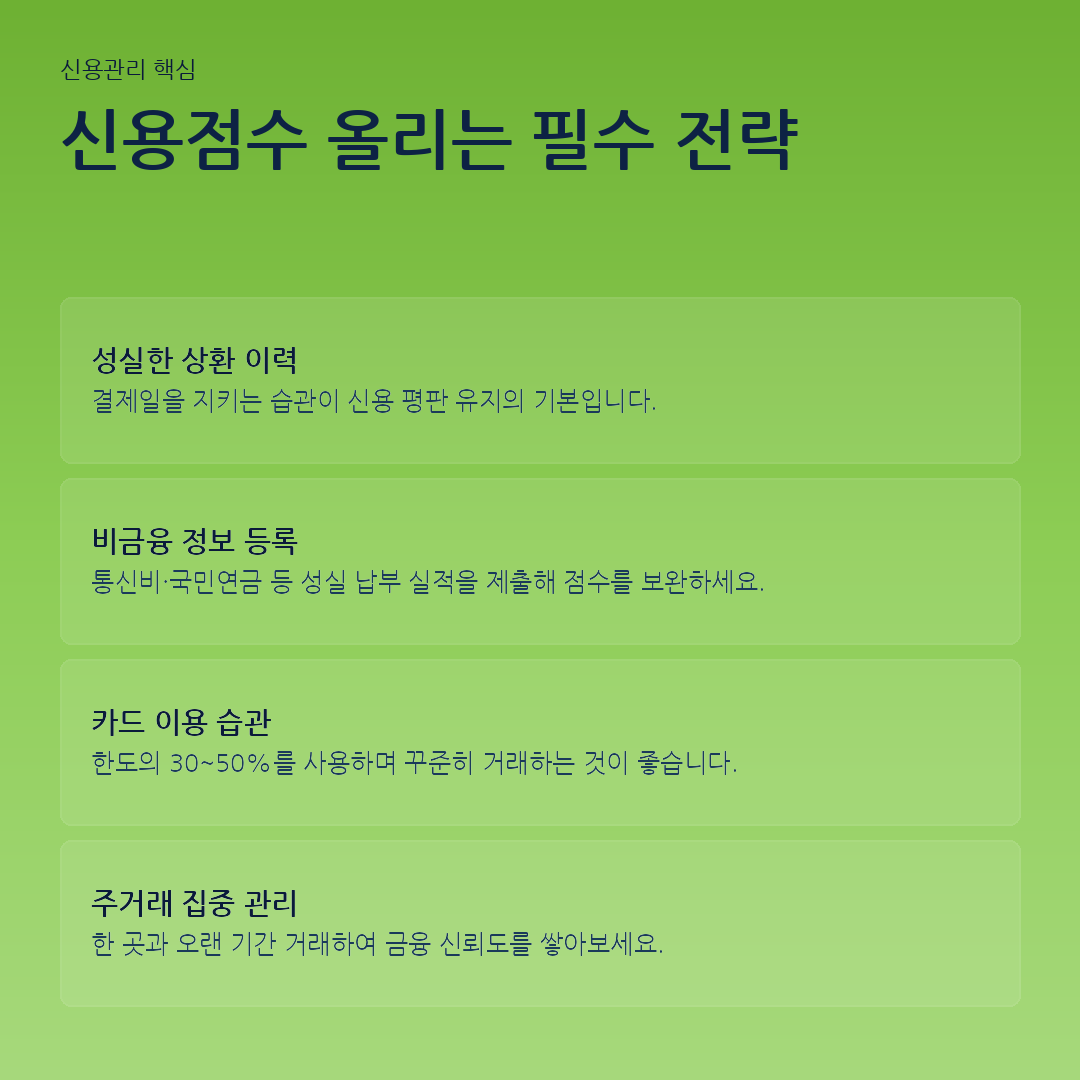 신용점수 올리는 필수 전략 요약 카드
