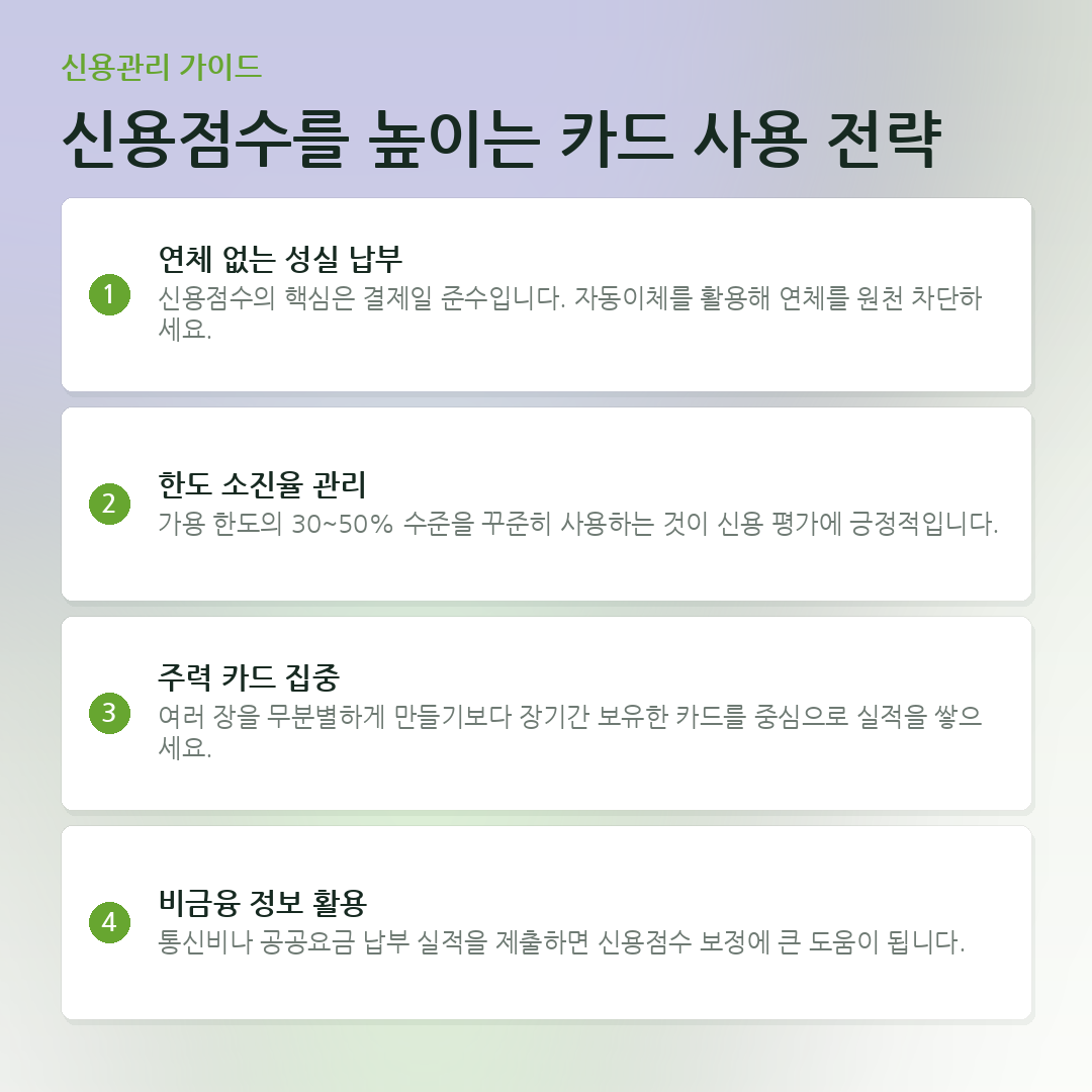 신용점수를 높이는 카드 사용 전략 요약 카드