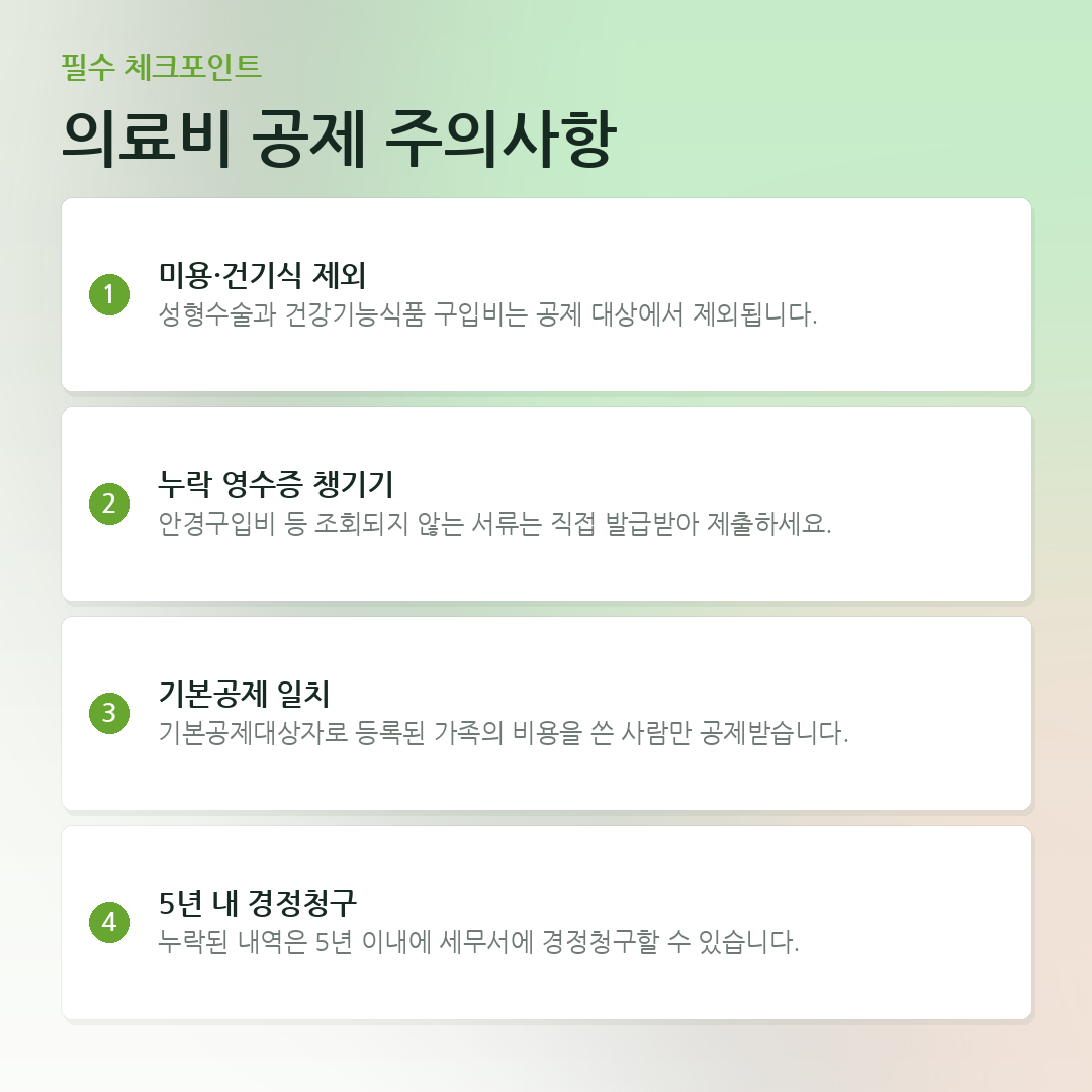 의료비 공제 주의사항 요약 카드