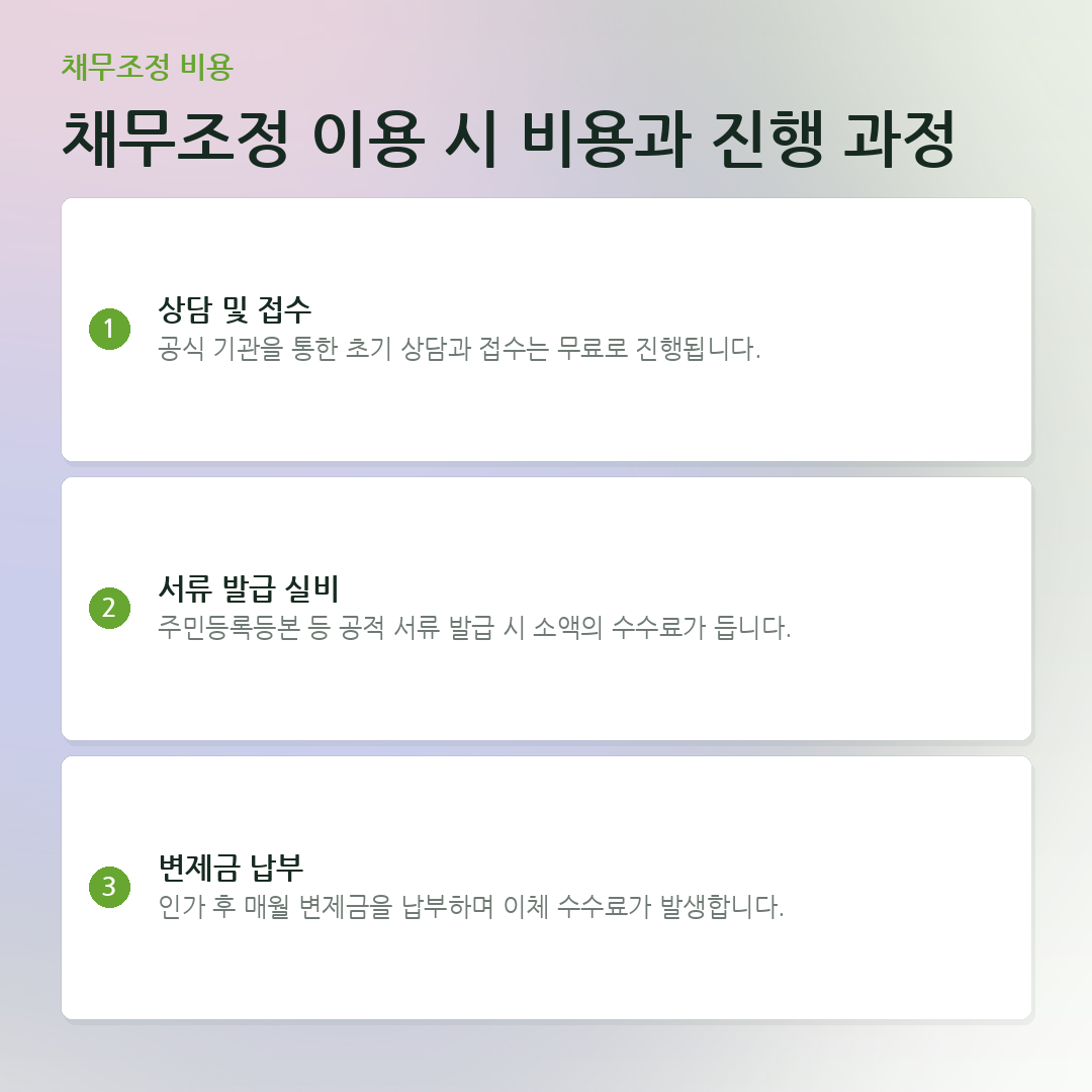 채무조정 이용 시 비용과 진행 과정 요약 카드