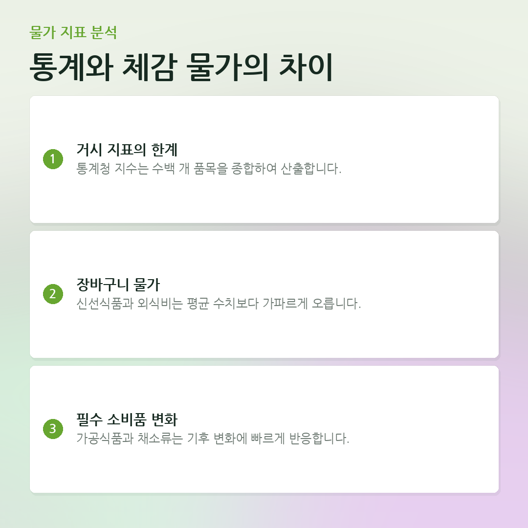 통계와 체감 물가의 차이 요약 카드