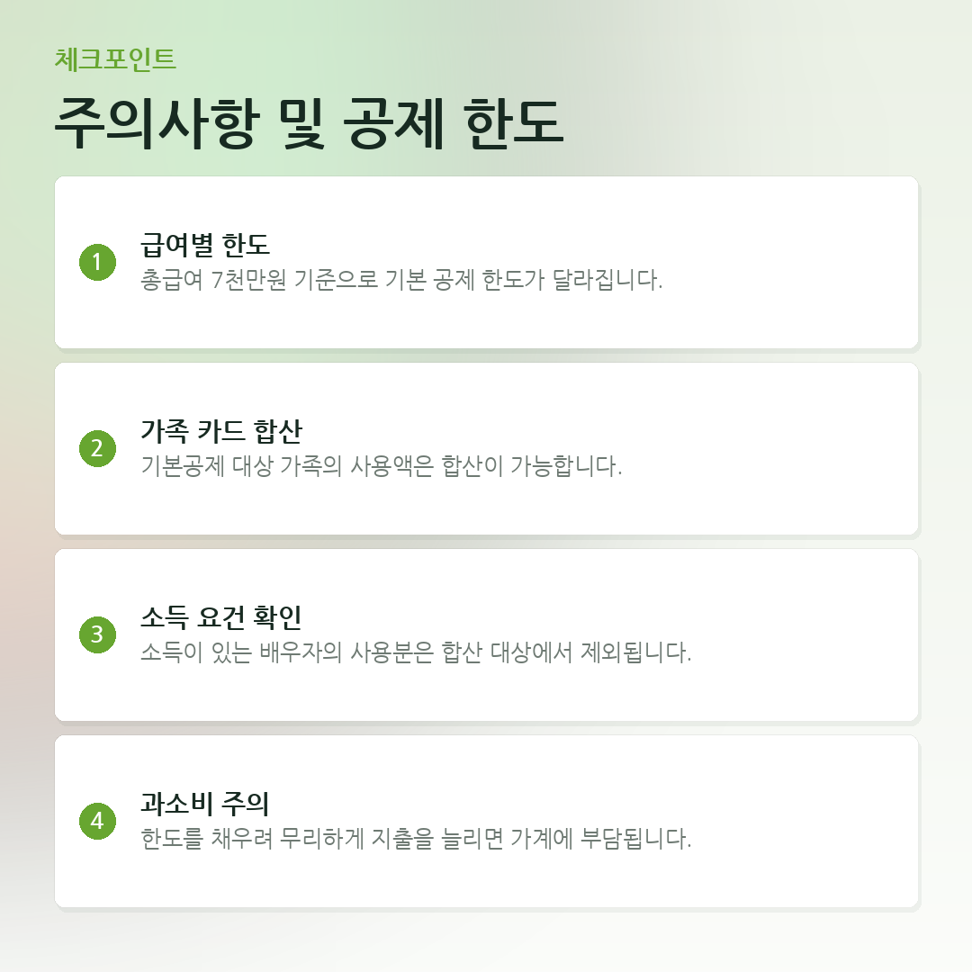 주의사항 및 공제 한도 요약 카드