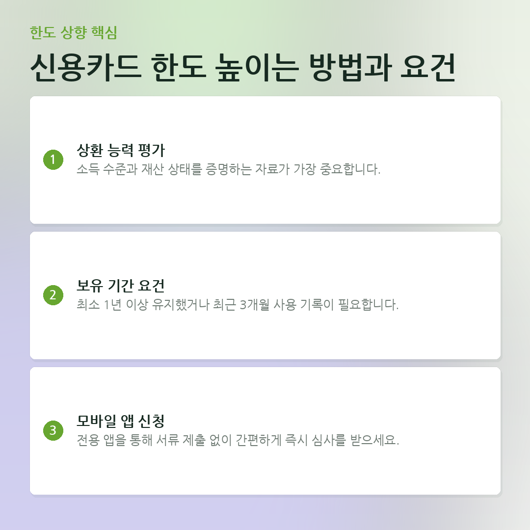 신용카드 한도 높이는 방법과 요건 요약 카드