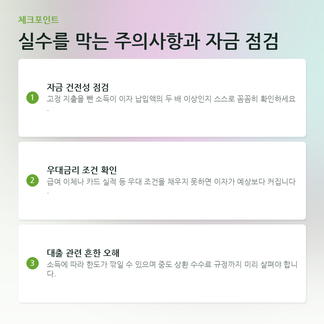 실수를 막는 주의사항과 자금 점검 요약 카드