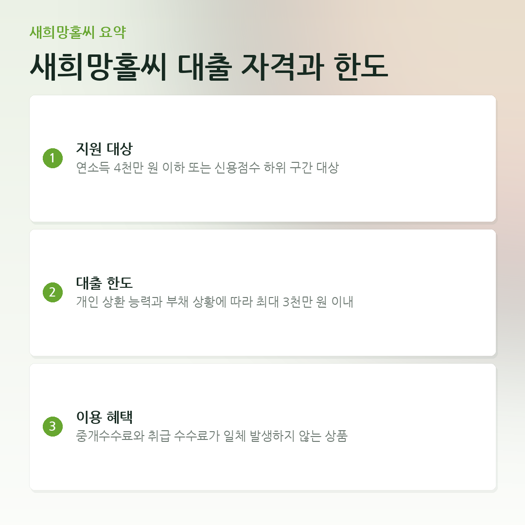 새희망홀씨 대출 자격과 한도 요약 카드