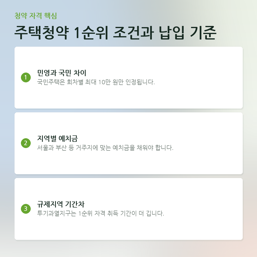 주택청약 1순위 조건과 납입 기준 요약 카드