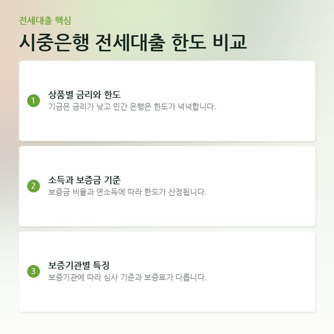 시중은행 전세대출 한도 비교 요약 카드