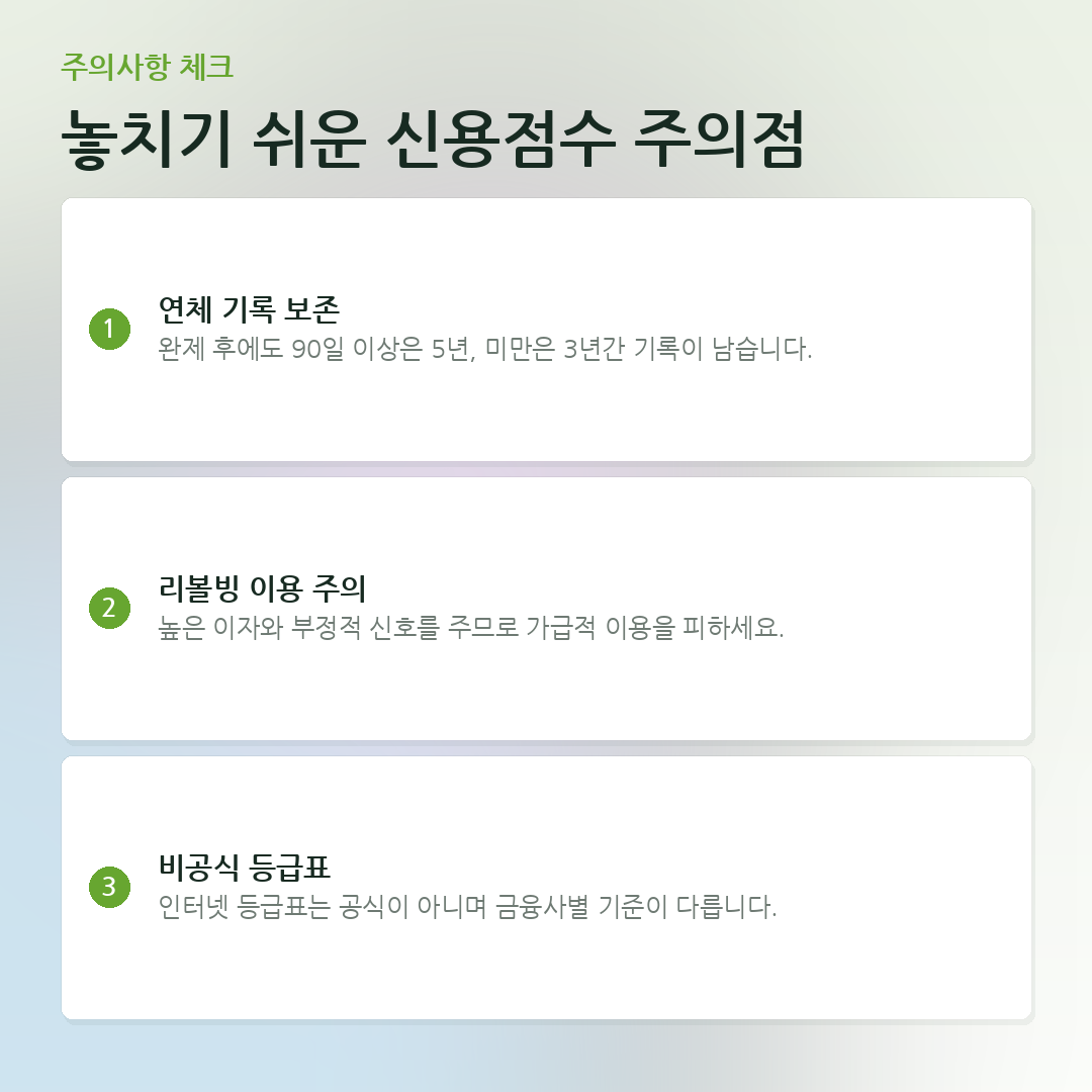 놓치기 쉬운 신용점수 주의점 요약 카드